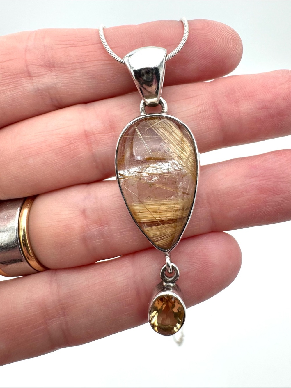 Sterling Silver Golden Rutilated Quartz & Citrine Pendant Necklace